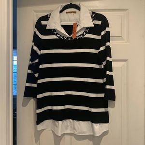 Black/White Striped Sweater with jeweled neckline